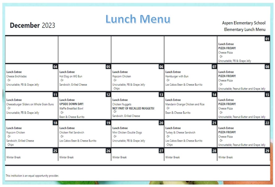 December Lunch Menu 2023